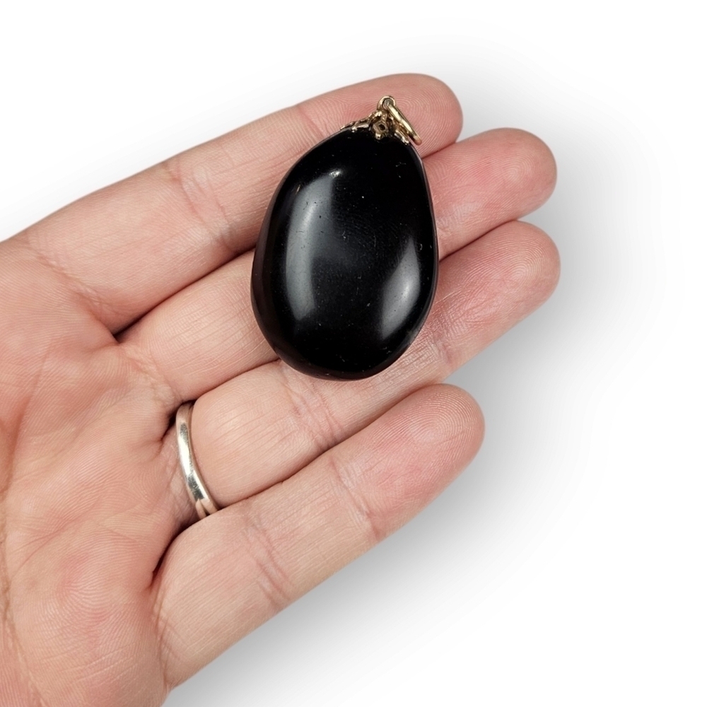 Vintage Black Glass Egg Shaped Necklace Pendant Oval Brass Filigree 2" Long - Picture 7 of 7